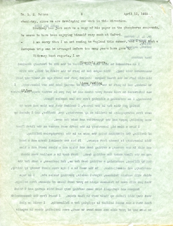 Letter from Linus Pauling to Leslie Sutton. Page 2. April 12, 1938