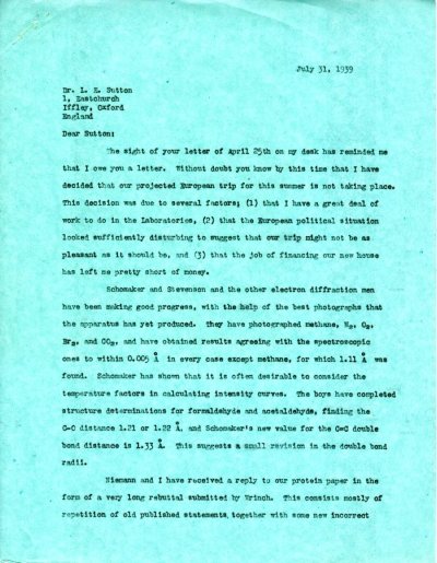 Letter from Linus Pauling to Leslie Sutton. Page 1. July 31, 1939
