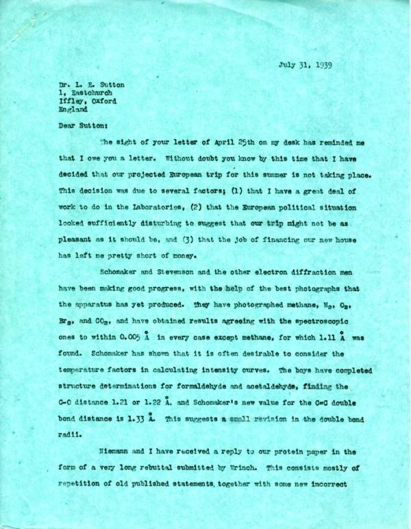 Letter from Linus Pauling to Leslie Sutton. Page 1. July 31, 1939