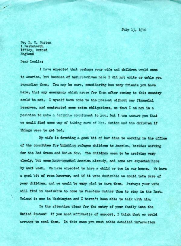 Letter from Linus Pauling to Leslie Sutton. Page 1. July 13, 1940