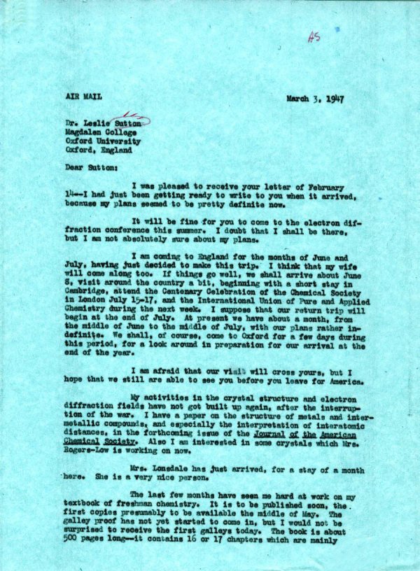 Letter from Linus Pauling to Leslie Sutton. Page 1. March 3, 1947