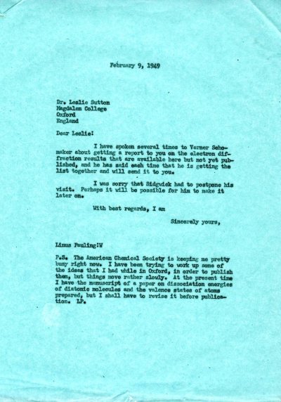 Letter from Linus Pauling to Leslie Sutton. Page 1. February 9, 1949