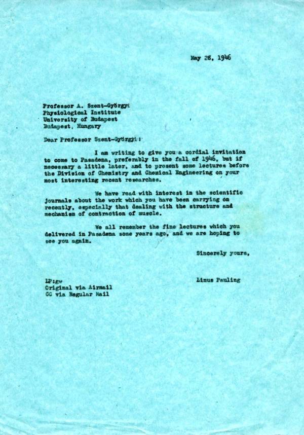Letter from Linus Pauling to Albert Szent-Györgyi. Page 1. May 28, 1946