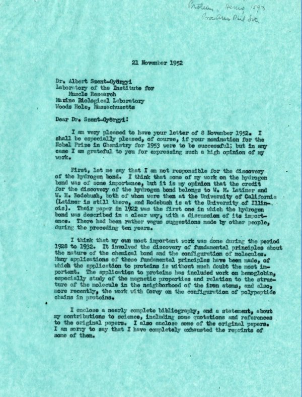 Letter from Linus Pauling to Albert Szent-Györgyi. Page 1. November 21, 1952