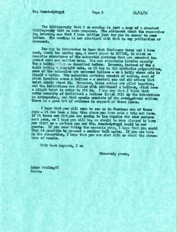 Letter from Linus Pauling to Albert Szent-Györgyi. Page 2. November 21, 1952