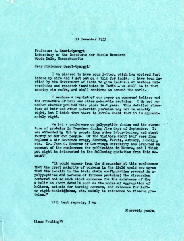 Letter from Linus Pauling to Albert Szent-Györgyi. Page 1. December 11, 1953