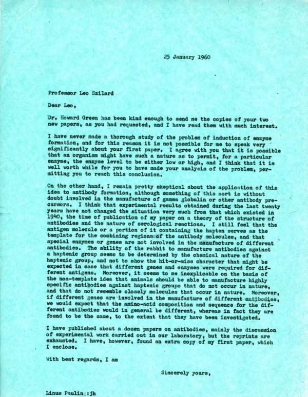 Letter from Linus Pauling to Leo Szilard. Page 1. January 25, 1960