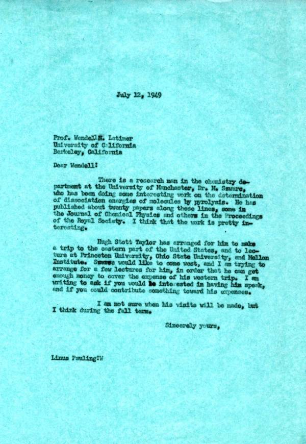 Letter from Linus Pauling to Wendell Latimer. Page 1. July 12, 1949