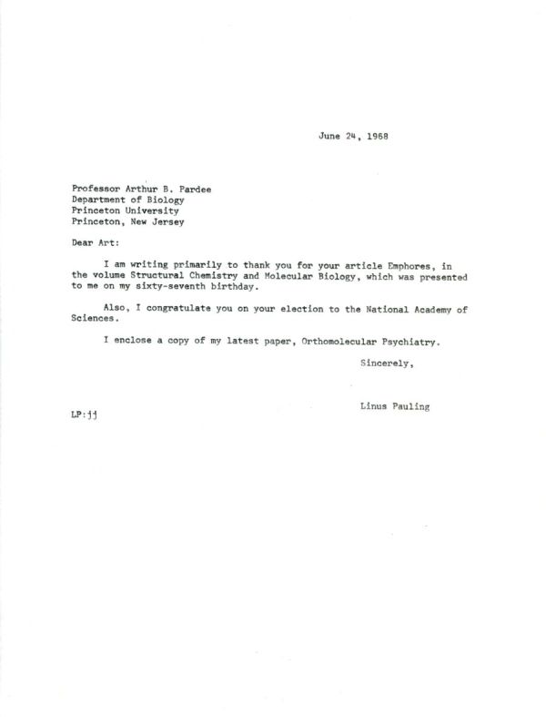 Letter from Linus Pauling to Arthur B. Pardee. Page 1. June 24, 1968