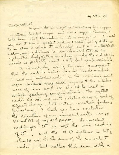 Letter from Linus Pauling to Charles W. Stillwell. Page 1. October 2, 1934