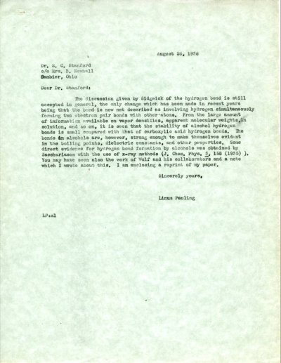 Letter from Linus Pauling to S.C. Stanford. Page 1. August 26, 1936