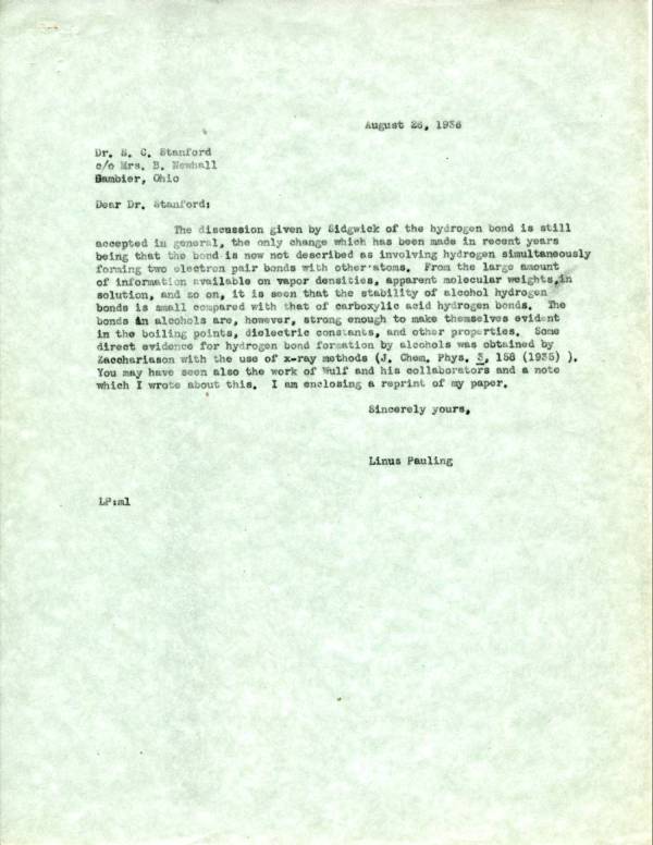 Letter from Linus Pauling to S.C. Stanford. Page 1. August 26, 1936