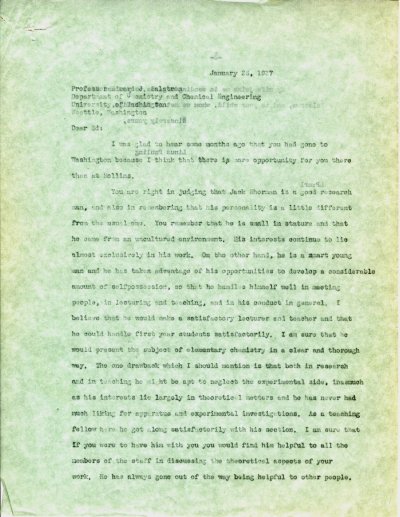 Letter from Linus Pauling to Edward J. Salstrom. Page 1. January 23, 1937