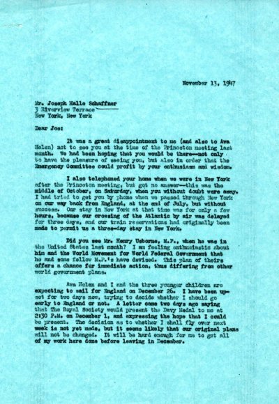 Letter from Linus Pauling to Joseph Halle Schaffner. Page 1. November 13, 1947