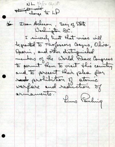 Letter from Linus Pauling to Dean Acheson. Page 1. March 2, 1950