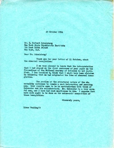 Letter from Linus Pauling to I. Herbert Scheinberg. Page 1. October 20, 1954