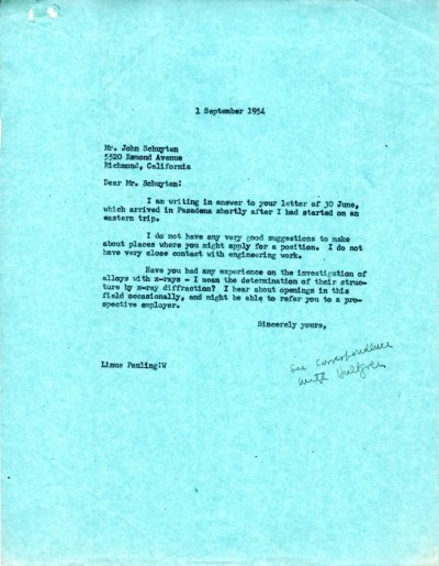 Letter from Linus Pauling to John Schuyten. Page 1. September 1, 1954