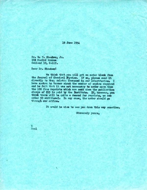Letter from Linus Pauling to W.F. Sheehan, Jr. Page 1. June 18, 1954