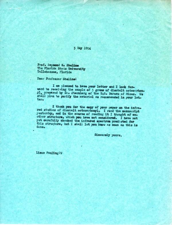 Letter from Linus Pauling to Raymond K. Sheline. Page 1. May 5, 1954