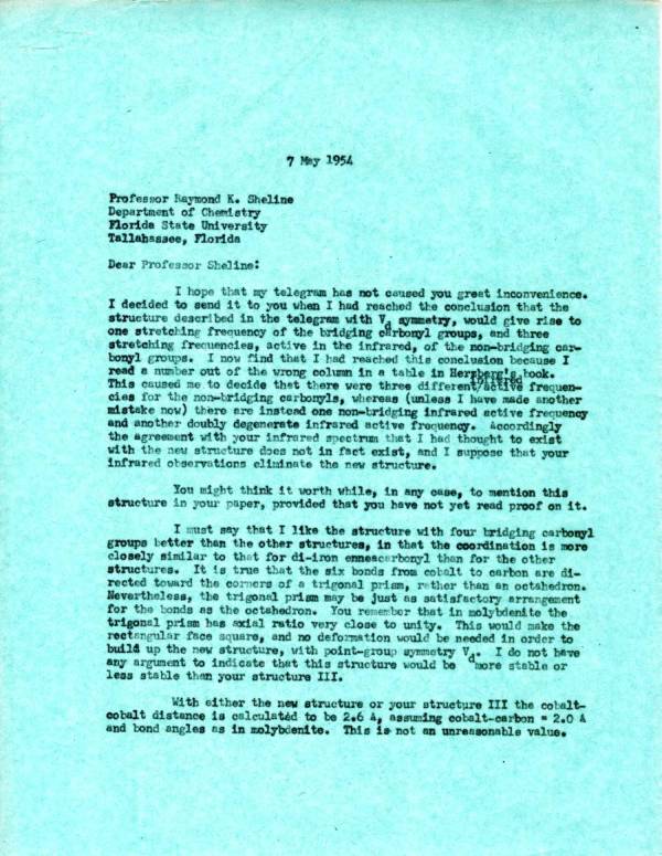 Letter from Linus Pauling to Raymond K. Sheline. Page 1. May 7, 1954