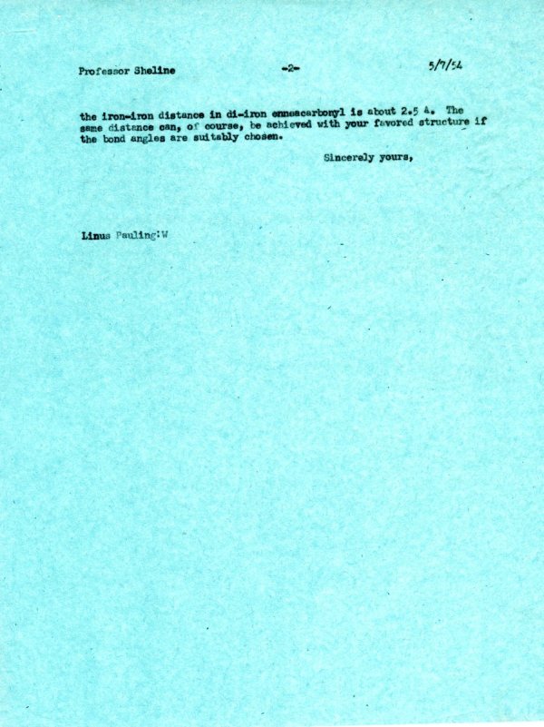 Letter from Linus Pauling to Raymond K. Sheline. Page 2. May 7, 1954