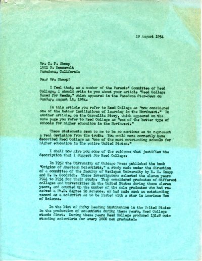 Letter from Linus Pauling to C.F. Shoop. Page 1. August 19, 1954