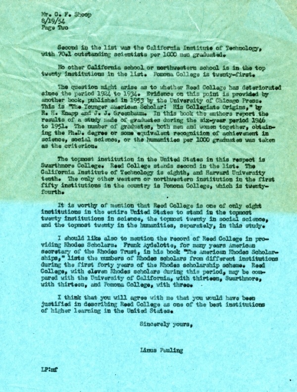Letter from Linus Pauling to C.F. Shoop. Page 2. August 19, 1954