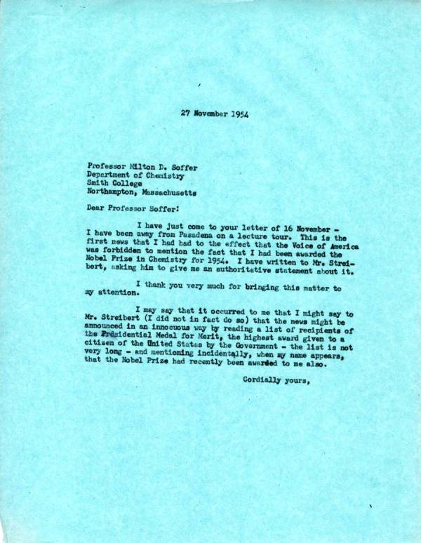Letter from Linus Pauling to Milton D. Soffer. Page 1. November 27, 1954