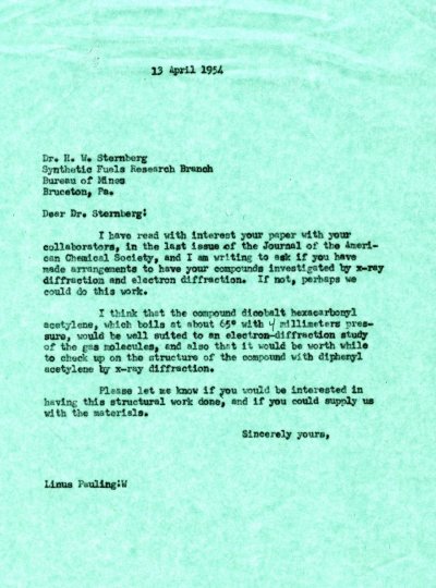 Letter from Linus Pauling to H.W. Sternberg. Page 1. April 13, 1954