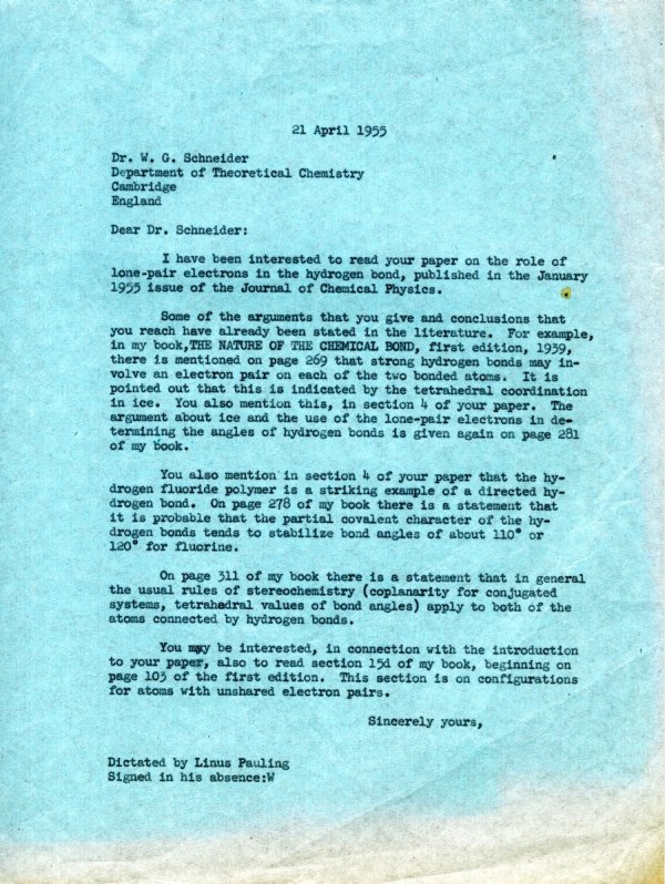 Letter from Linus Pauling to W.G. Schneider. Page 1. April 21, 1955