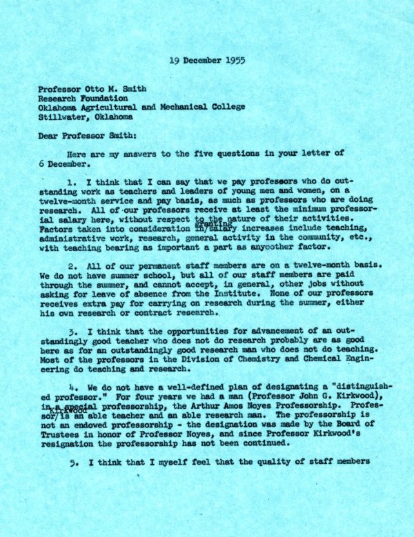 Letter from Linus Pauling to Otto M. Smith. Page 1. December 19, 1955