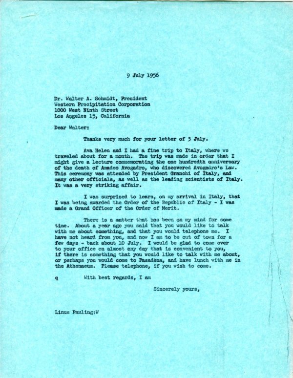 Letter from Linus Pauling to Walter A. Schmidt. Page 1. July 9, 1956