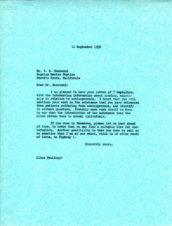 Letter from Linus Pauling to W.K. Sherwood. Page 1. September 12, 1956