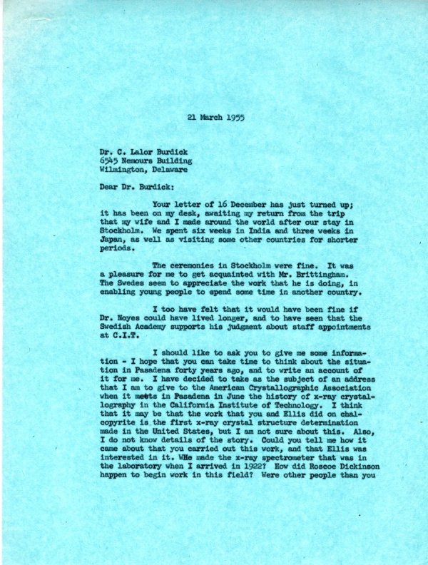 Letter from Linus Pauling to C. Lalor Burdick. Page 1. March 21, 1955