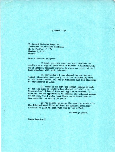 Letter from Linus Pauling to Modesto Bargallo. Page 1. March 5, 1956