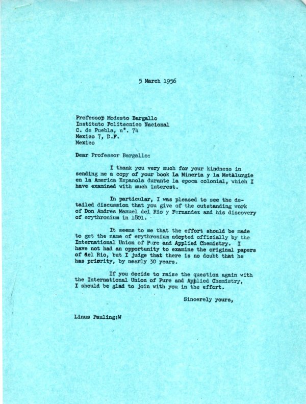Letter from Linus Pauling to Modesto Bargallo. Page 1. March 5, 1956