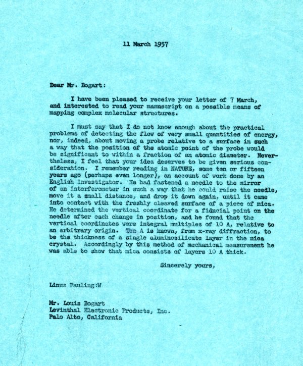 Letter from Linus Pauling to Louis Bogart. Page 1. March 11, 1957