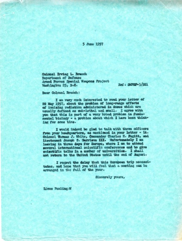 Letter from Linus Pauling to Col. Irving L. Branch. Page 1. June 5, 1957