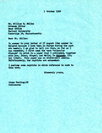 Letter from Linus Pauling to William H. Stiles Page 1. October 3, 1958