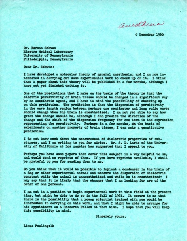 Letter from Linus Pauling to Herman Schwan. Page 1. December 6, 1960