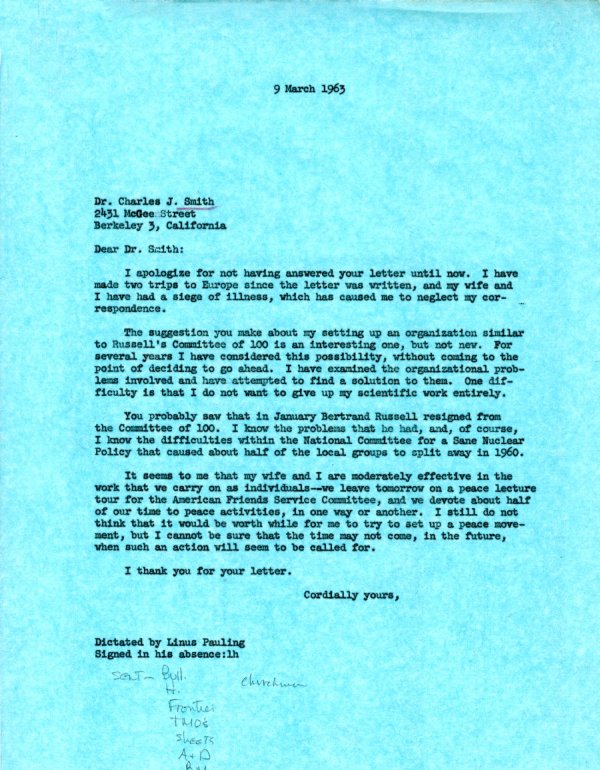 Letter from Linus Pauling to Charles J. Smith. Page 1. March 9, 1963