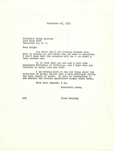 Letter from Linus Pauling to Ralph Spitzer. Page 1. September 27, 1965