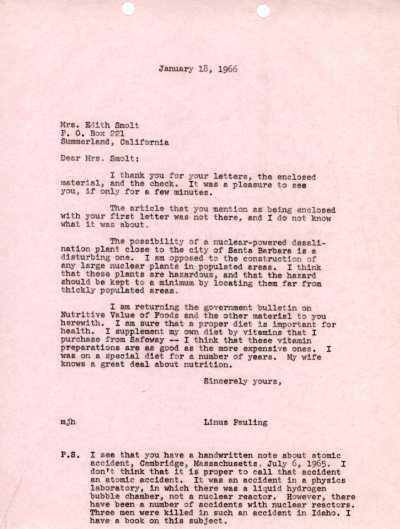 Letter from Linus Pauling to Edith Smolt. Page 1. January 18, 1966