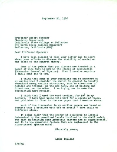 Letter from Linus Pauling to Robert Spenger. Page 1. September 20, 1966