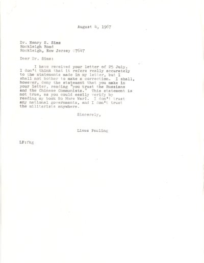 Letter from Linus Pauling to Henry S. Simms. Page 1. August 4, 1967