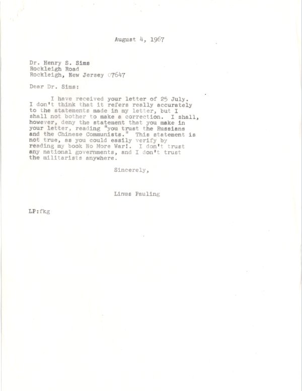 Letter from Linus Pauling to Henry S. Simms. Page 1. August 4, 1967