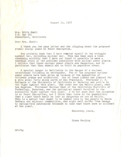 Letter from Linus Pauling to Edith Smolt. Page 1. August 15, 1967