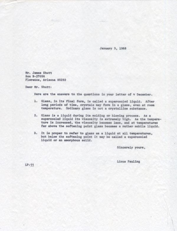 Letter from Linus Pauling to James Shutt. Page 1. January 3, 1968
