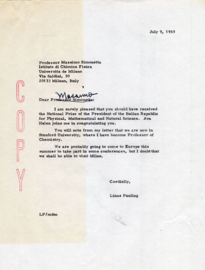 Letter from Linus Pauling to Massimo Simonetta. Page 1. July 9, 1969