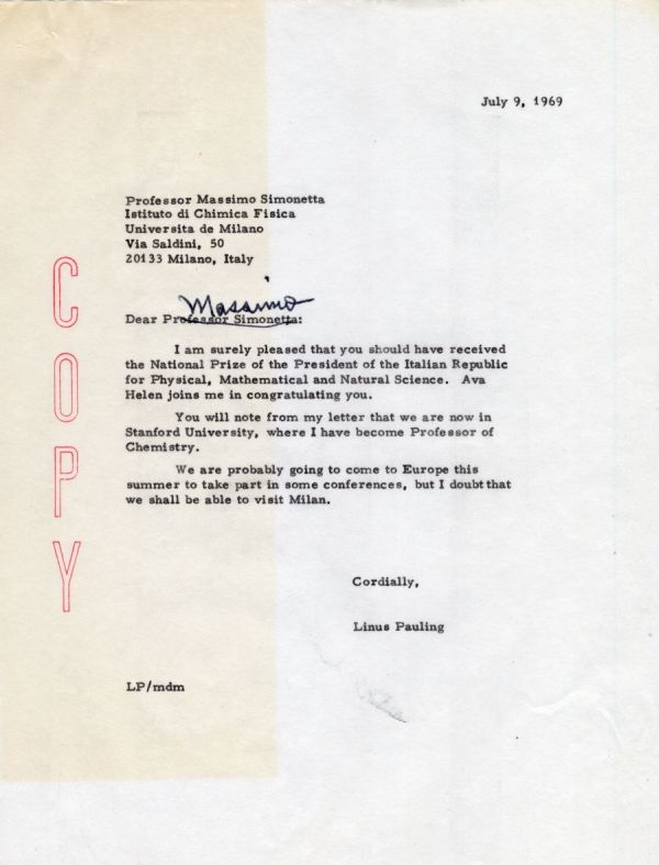 Letter from Linus Pauling to Massimo Simonetta. Page 1. July 9, 1969